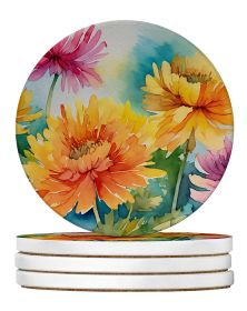 Chrysanthemums in Watercolor Large Sandstone Coasters Pack of 4 Absorbent Round Coasters Decor Gifts for Men or Women, 4 in, Multicolor