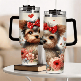 1pc Cute Bow Yorkshire Terrier Tumbler, Floral Printed Stainless Steel Car Cup, Adorable Pet Water Bottle for Dog Lovers, Portable Girly Travel M (Color: Black, Capacity: 40oz)